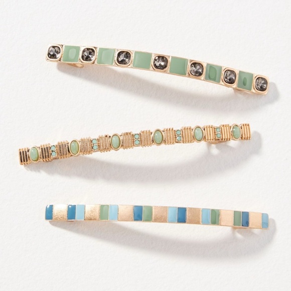 Anthropologie Mixed Enamel Barrettes Blue Green Mixed Metal Set of Three New - Picture 4 of 4